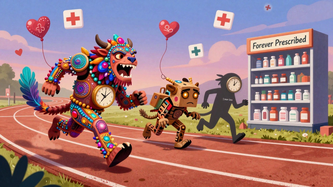 Una corsa su una pista dove il primo concorrente è già lontano, mentre gli altri sono troppo tardi, con un obiettivo di prescrizione perpetua.