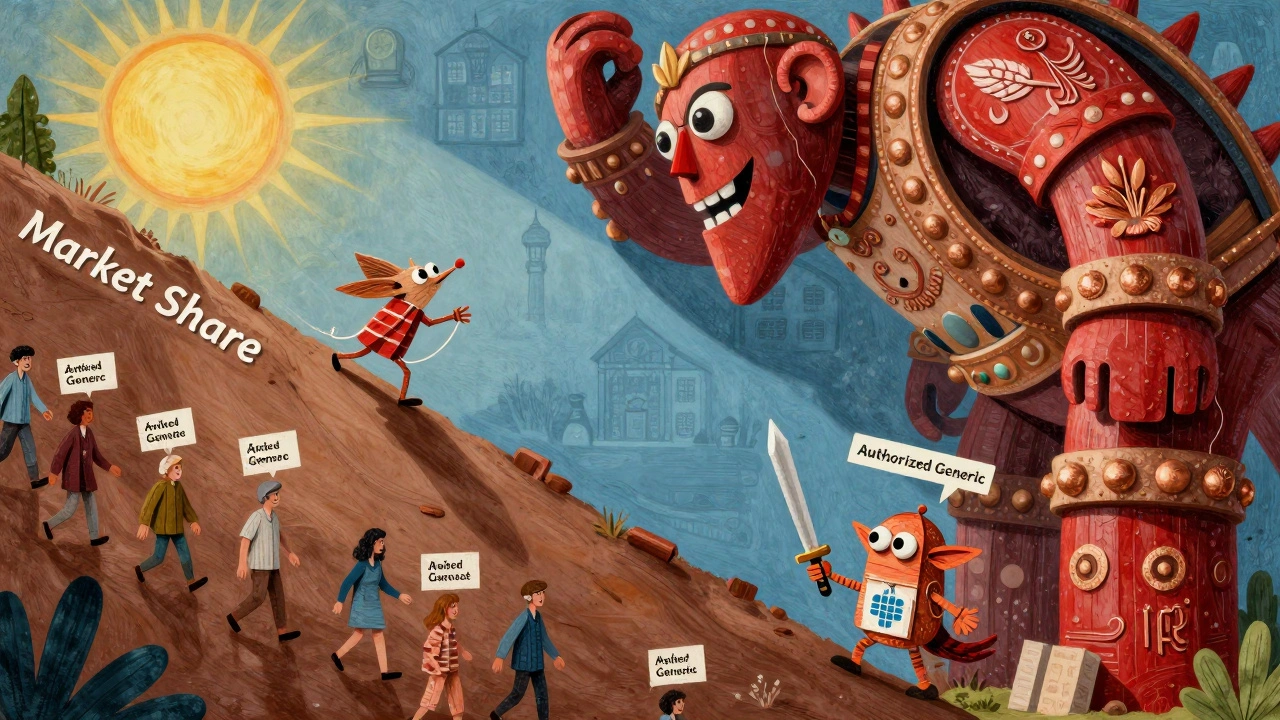 Una creatura fragile cerca di scalare una montagna di quote di mercato mentre un gigante farmaceutico le getta un’ombra sopra.