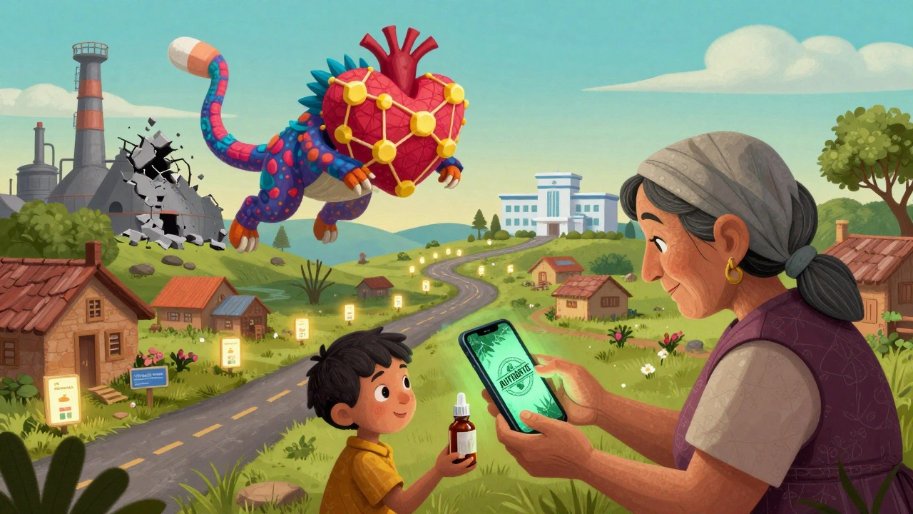 Una nonna consegna un farmaco a un bambino sotto un essere mitico con un cuore a blockchain, mentre una fabbrica di falsi crolla in lontananza.