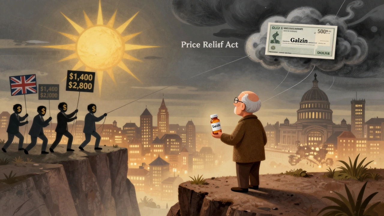 Una persona anziana su una rupe guarda città europee con prezzi bassi, mentre lobby ombrosi tirano fili verso il Congresso.