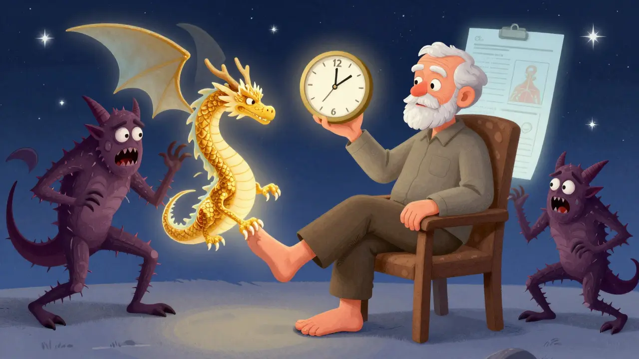 Uomo anziano con un drago di steroidi dorati che calma il dolore al piede, mentre altri farmaci si ritraggono.