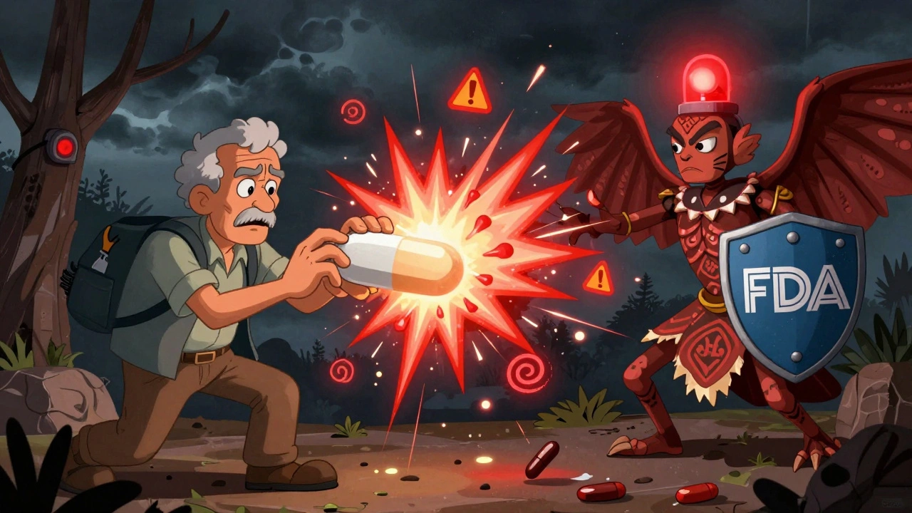 Uomo che spezza una compressa a rilascio prolungato mentre una creatura protettiva lo ferma con un scudo.