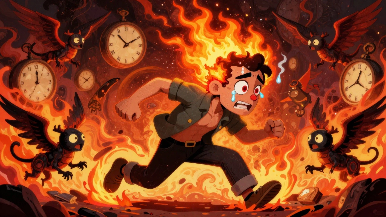 Uomo in movimento con dolore infuocato dietro l&#039;occhio, lacrime e sudore rappresentati in stile alebrije.