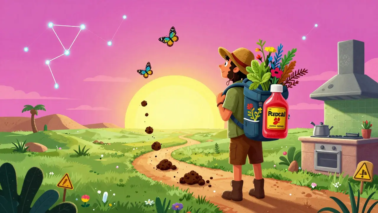 Viaggiatore protetto da uno spirito animale che trasforma la diarrea in farfalle, con soluzioni di reidratazione fluttuanti.