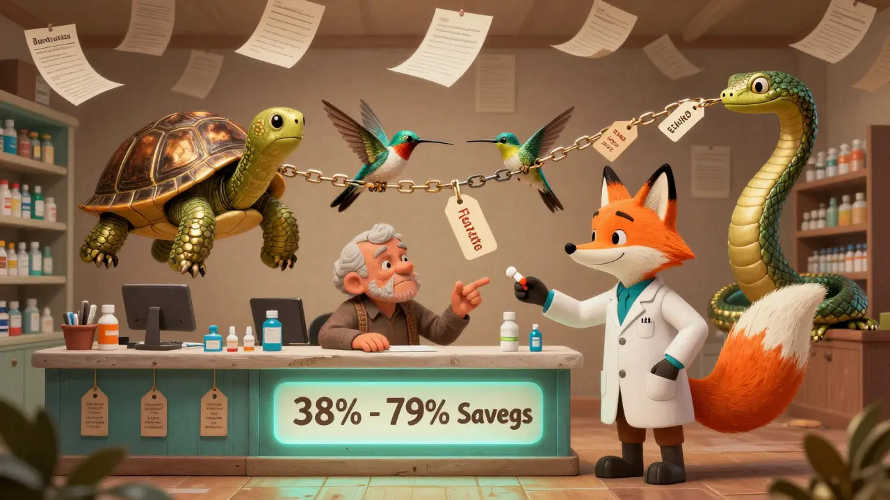 Volpe farmacista che consegna pillole scontate, con animali che trasmettono prezzi più bassi.