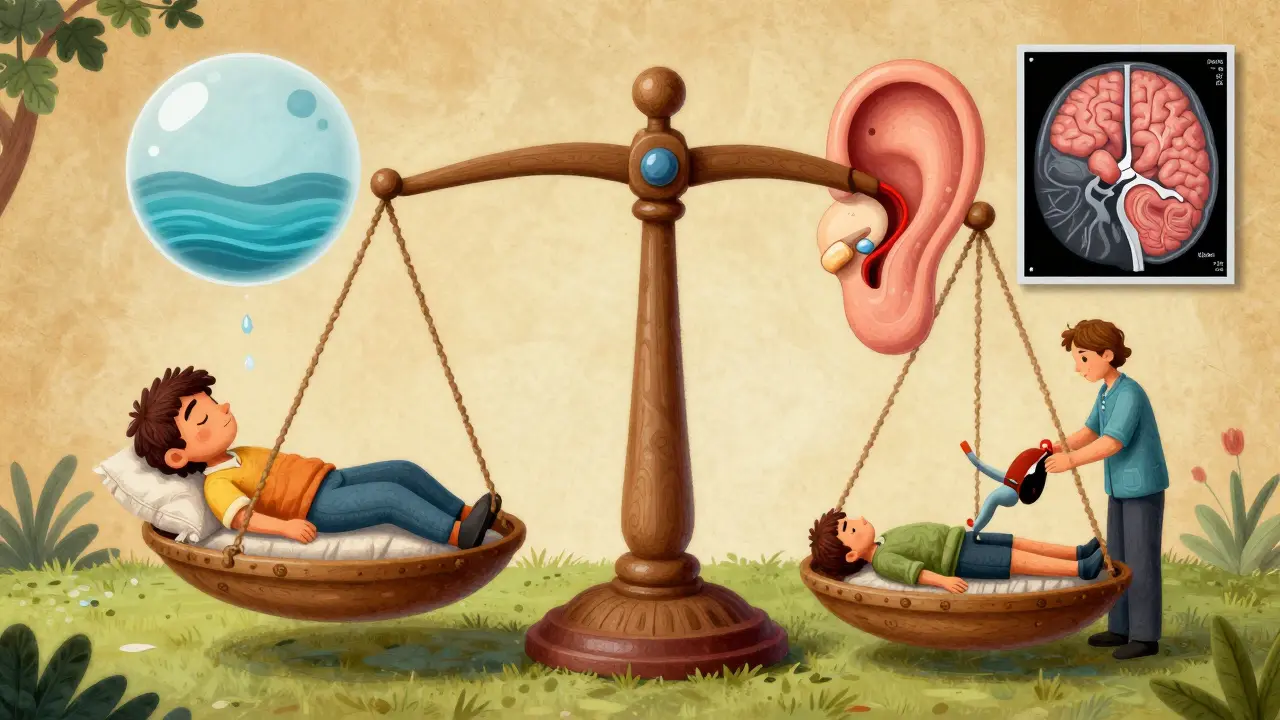 Bilancia che confronta sollievo temporaneo con terapia vestibolare, entrambi rappresentati in stile alebrije.