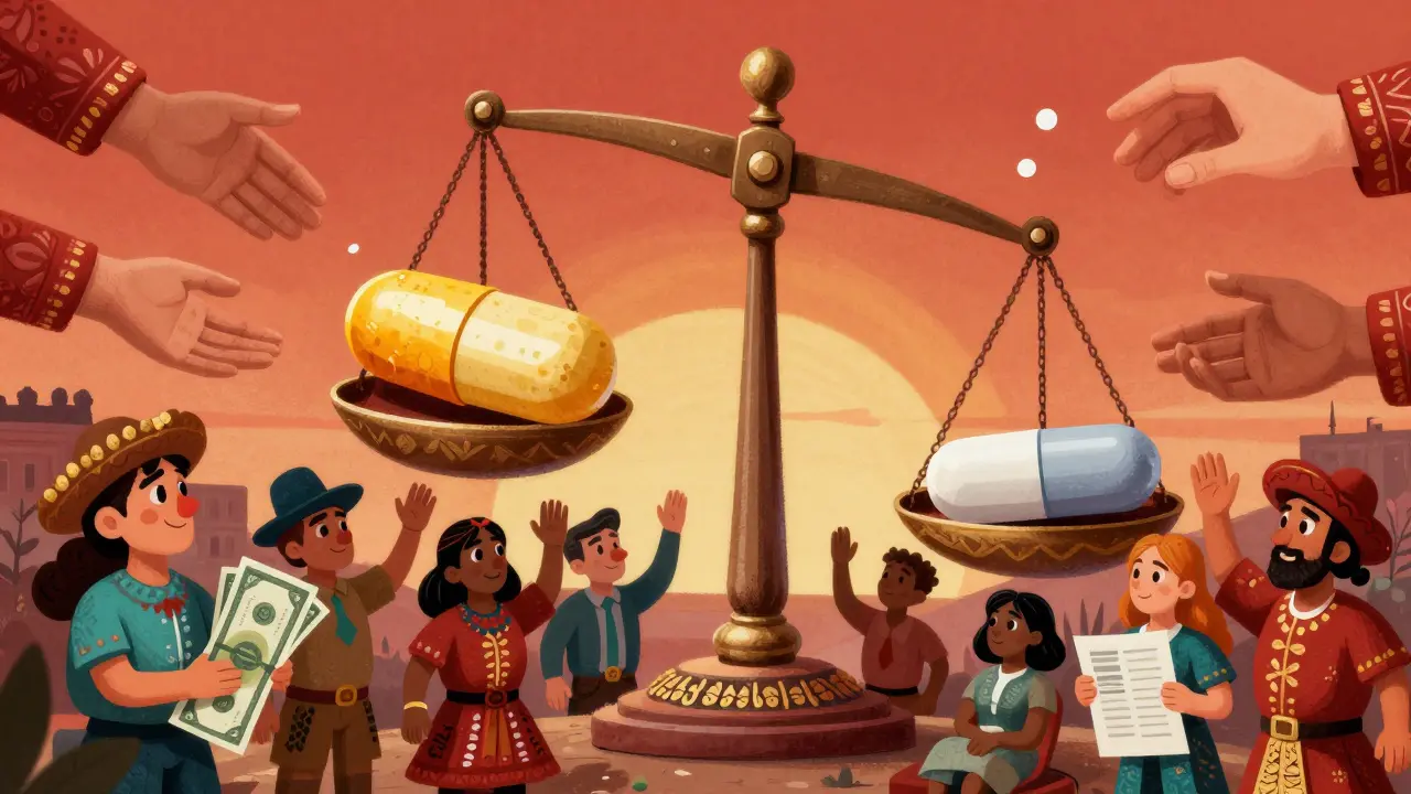 Bilancia che pesa un farmaco di marca contro uno generico, circondata da mani di pazienti che chiedono cure.