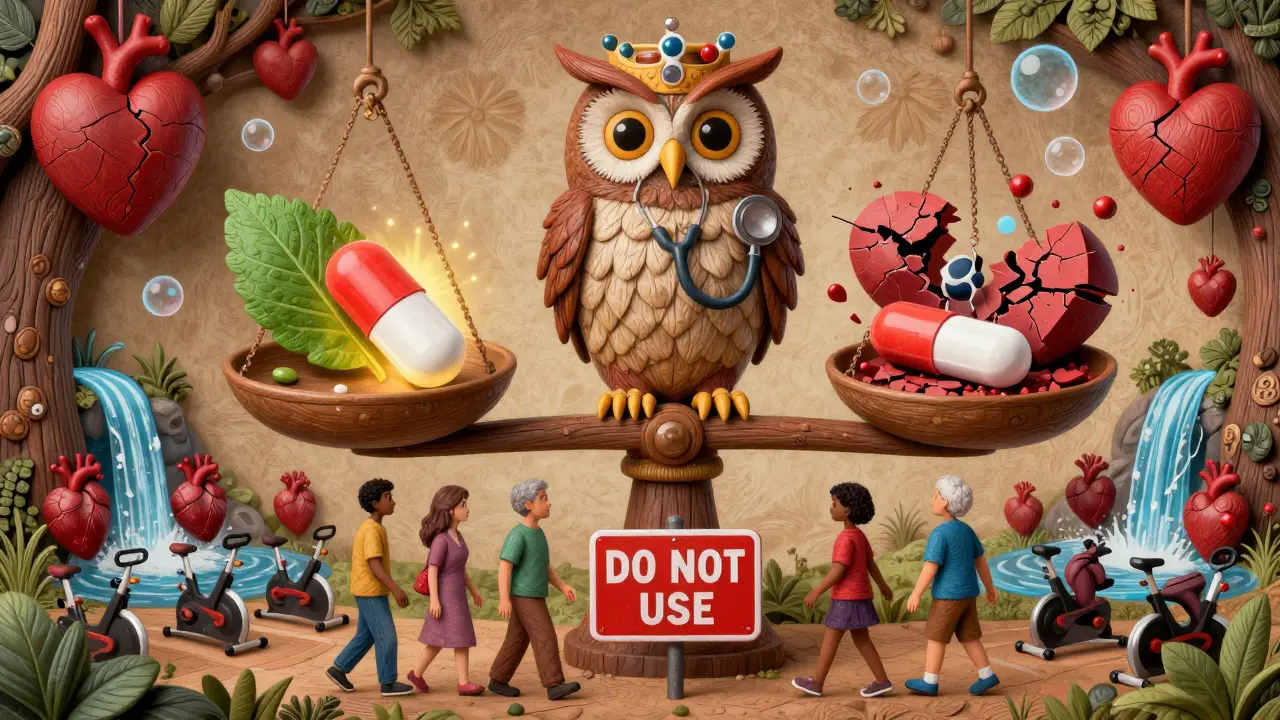 Bilancia tra farmaci sicuri e TZD pericolosi, con uno spirito guida che osserva pazienti in cammino verso la salute.