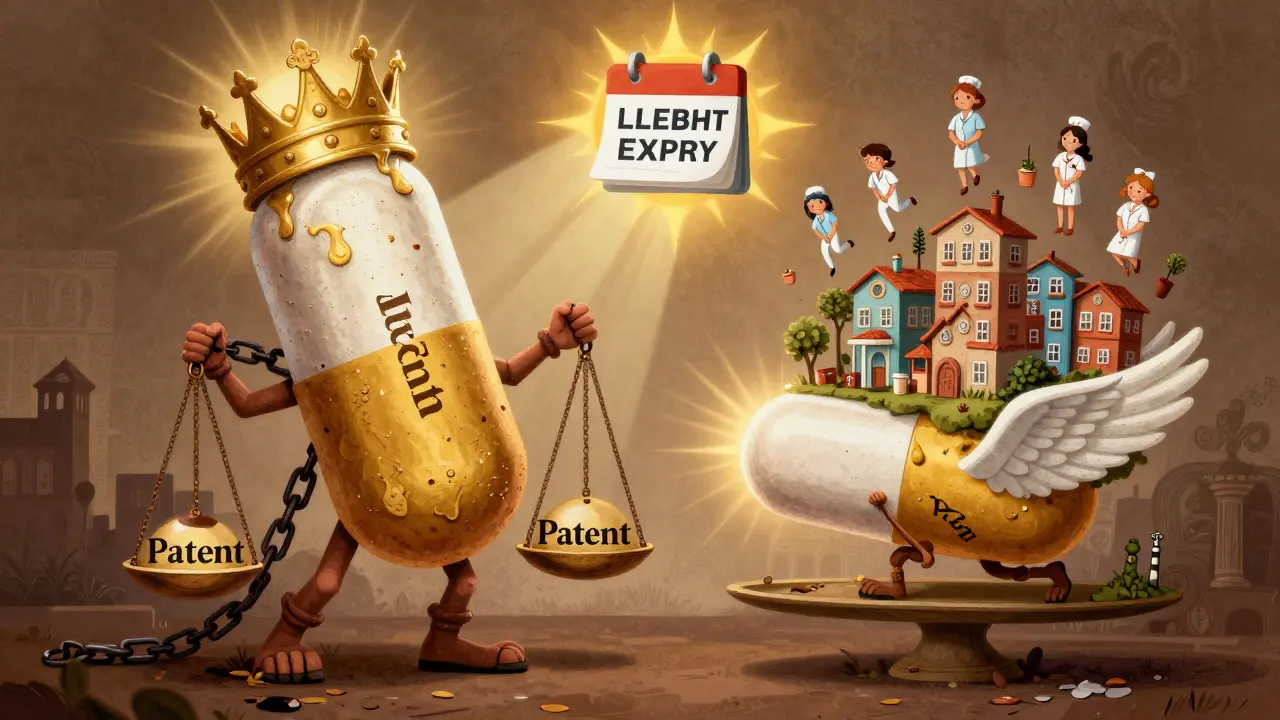 Bilancia tra pillola costosa e generica alata che solleva una comunità, in stile alebrije simbolico e rigenerativo.