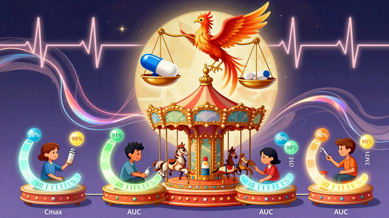 Carosello magico con quattro fasi di studio clinico, bilance e curve farmacocinetiche fluttuanti in stile alebrije.