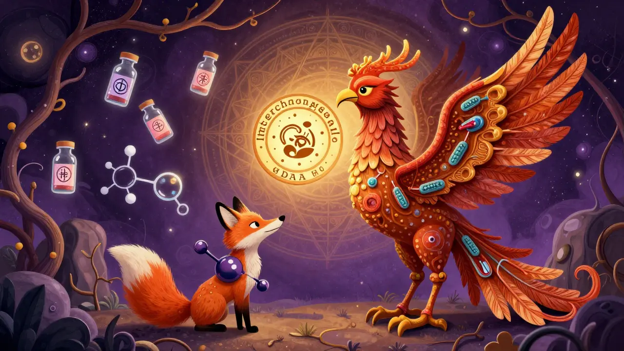 Cellula a forma di fenice accanto a una molecola, con sigillo 'Interchangeable' tra loro.