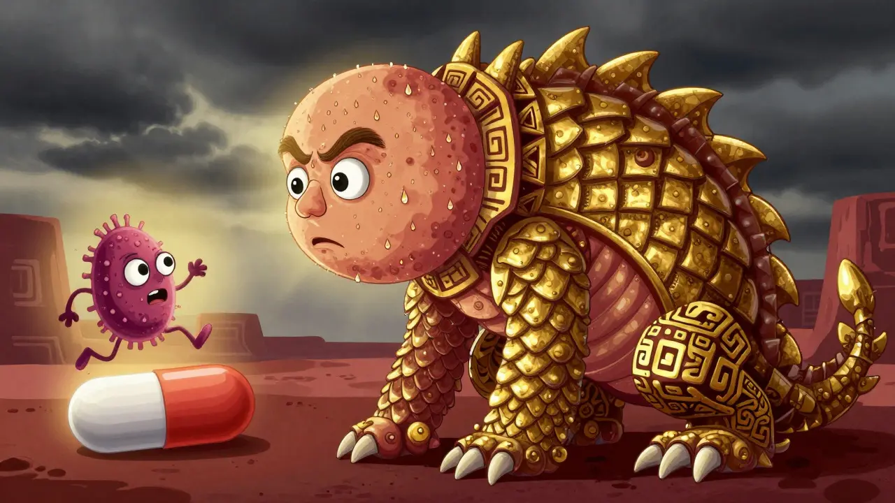 Corpo diviso tra macchioline a goccia e squame corazzate, con un batterio che fugge da una pillola di vitamina D.