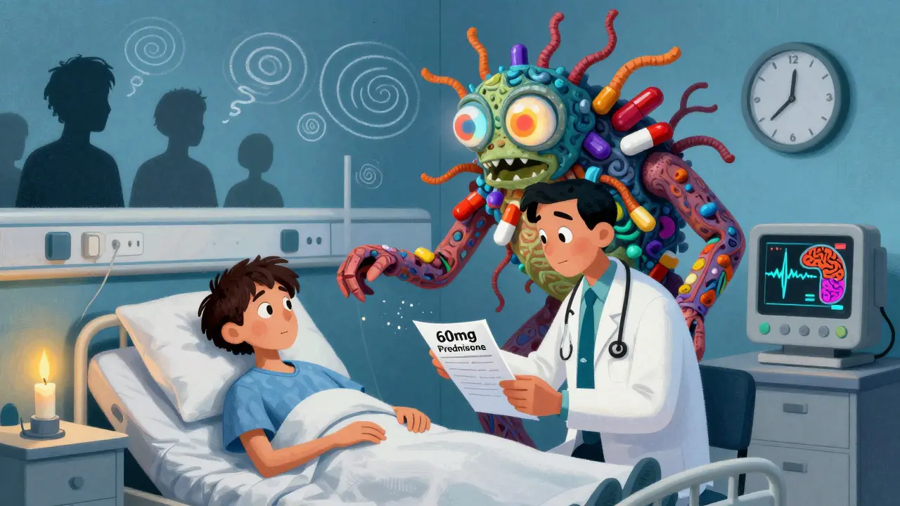 Creatura alebrije fatta di pillole e sinapsi che sovrasta un paziente in ospedale, con visioni deliranti.