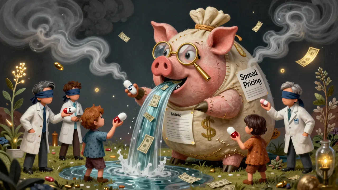 Creatura ibrida PBM che riversa denaro mentre pazienti scelgono pillole a prezzi diversi, in stile alebrije fantastico.