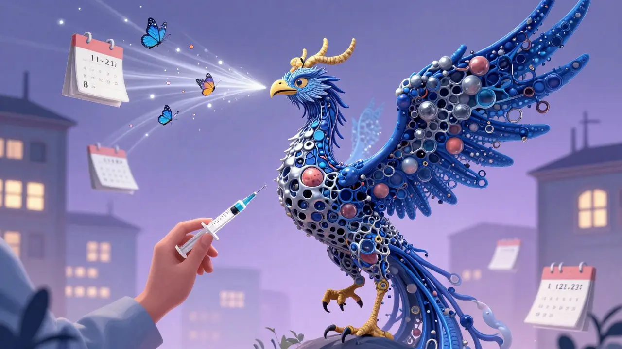 Dragone biologico di molecole IL-23 che dissolve le placche in farfalle, paziente che si fa un'iniezione a forma di piuma.