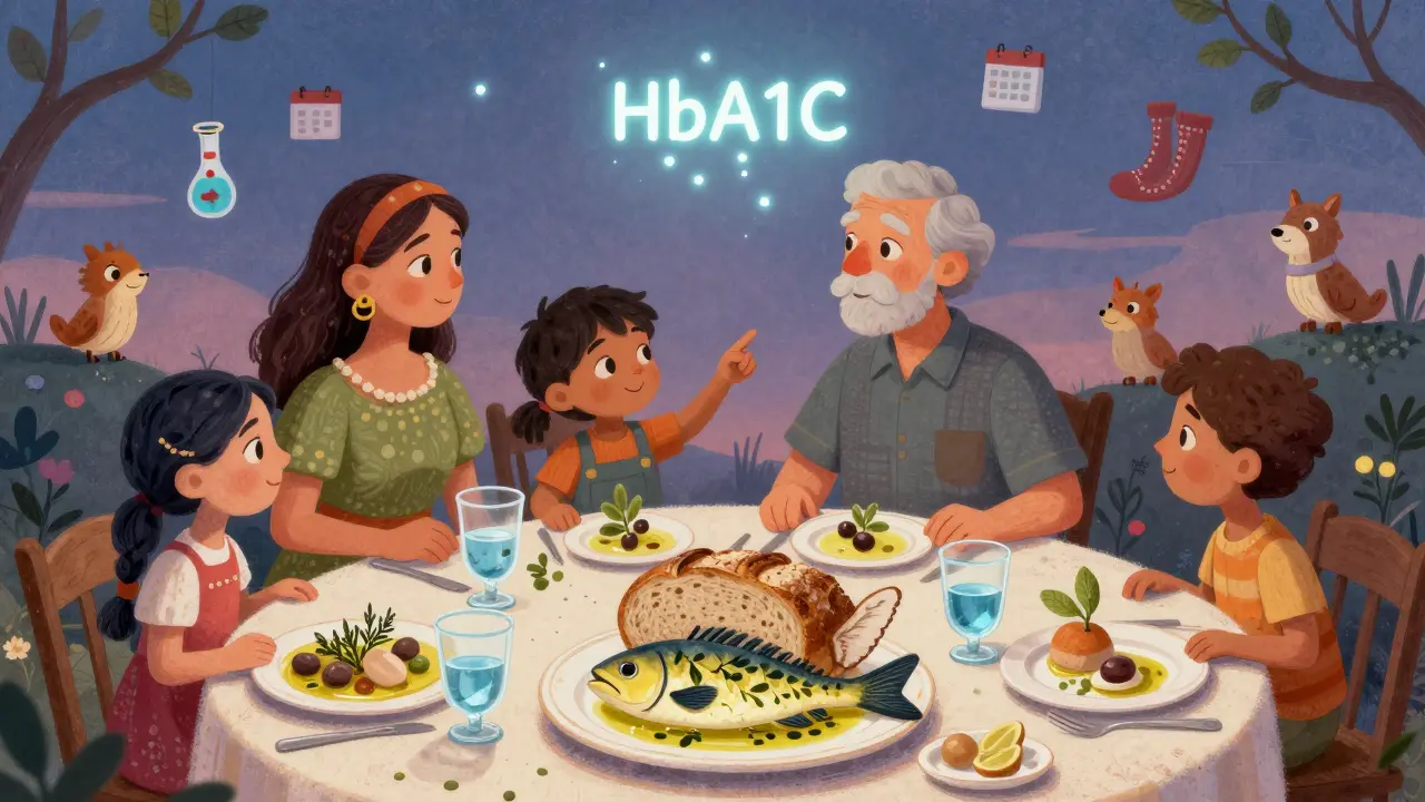 Famiglia a cena con piatti che diventano creature magiche, mentre un numero HbA1C fluttua come costellazione.