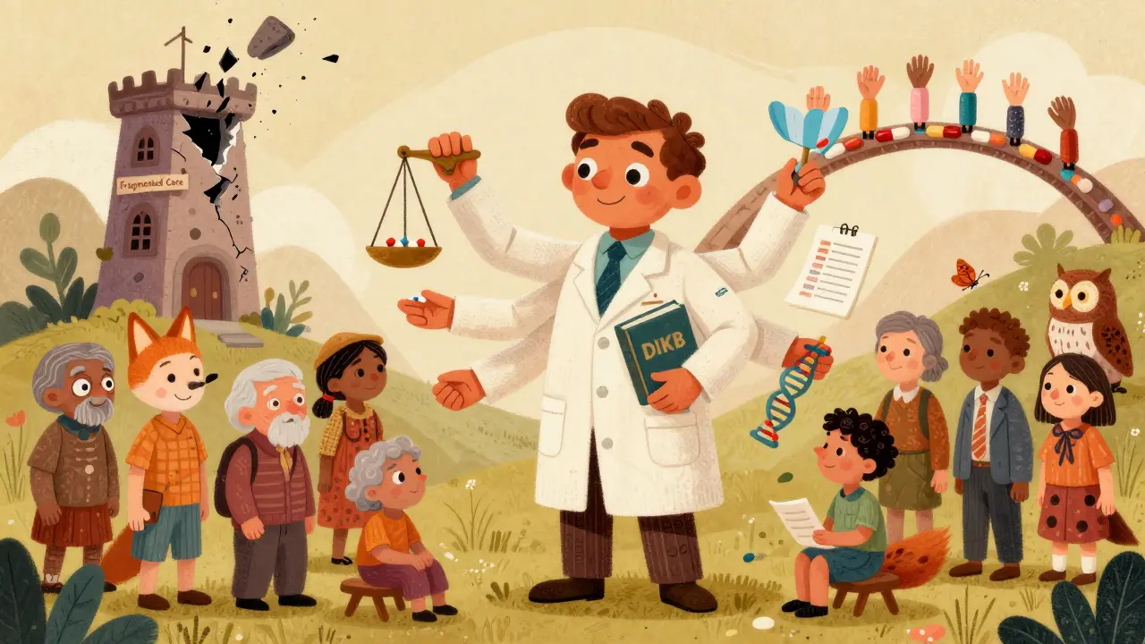 Farmacista alebrije guida pazienti verso la sicurezza farmacologica, con un ponte che sostituisce una torre crollante.