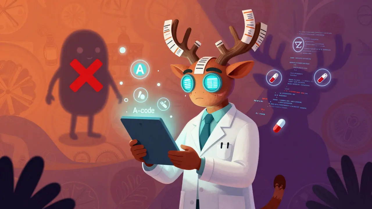 Farmacista ibrido che controlla un codice di sicurezza, con simboli magici e pattern messicani.