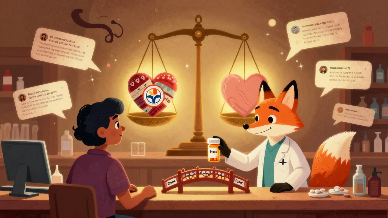 Farmacista volpe che offre una pillola-ponte tra marchio e generico, con recensioni fluttuanti.