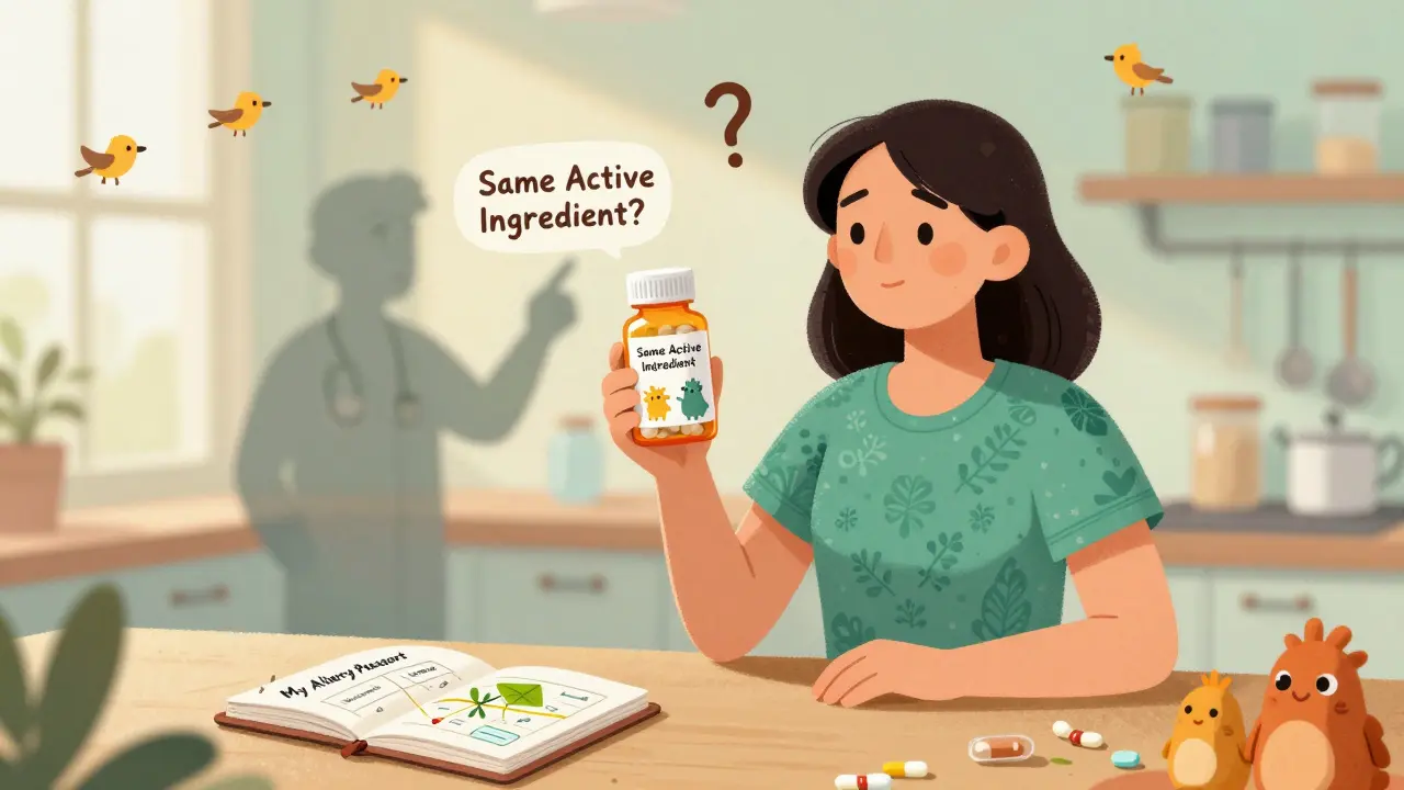 Patient holding pill bottle with safe ingredients as friendly Alebrije guardians, standing beside their allergy passport on a sunlit counter.