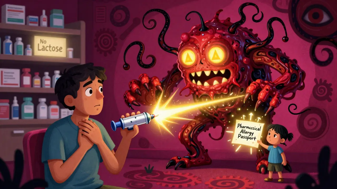 Patient in emergency with anaphylaxis monster, epinephrine beam striking it, holding an allergy passport as glowing symbols protect them.