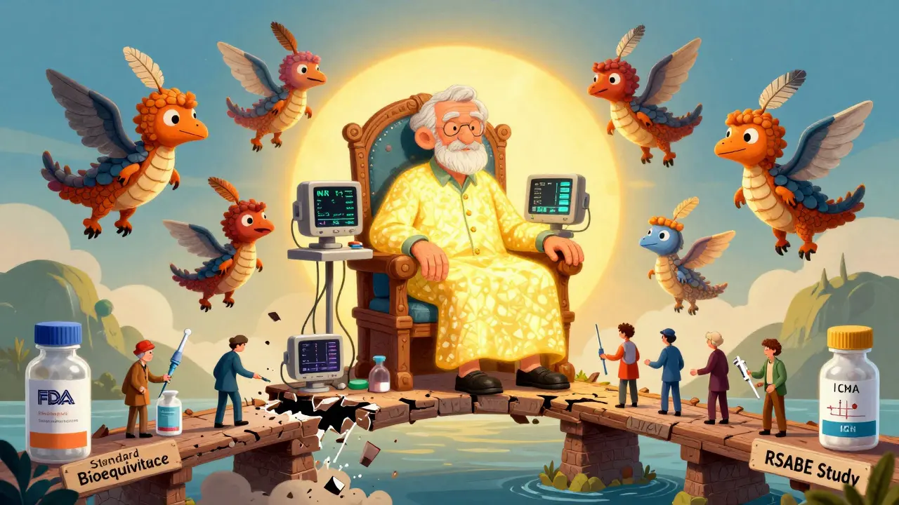 Paziente anziano su trono di monitor, creature alebrije costruiscono un ponte sicuro per farmaci generici NTI.