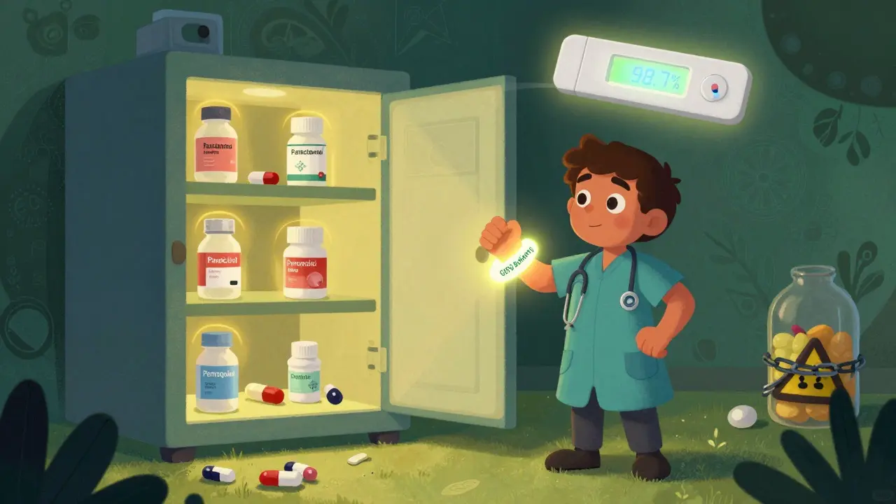 Paziente con braccialetto medico che affronta un armadietto dei farmaci, quelli sicuri luminosi, quelli pericolosi incatenati.