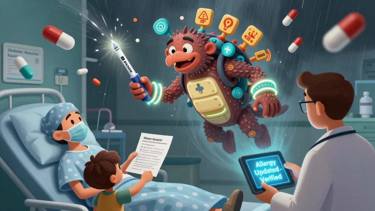 Paziente con EpiPen e alebrije di allerta, protegge da pillole errate mentre aggiorna la cartella clinica.