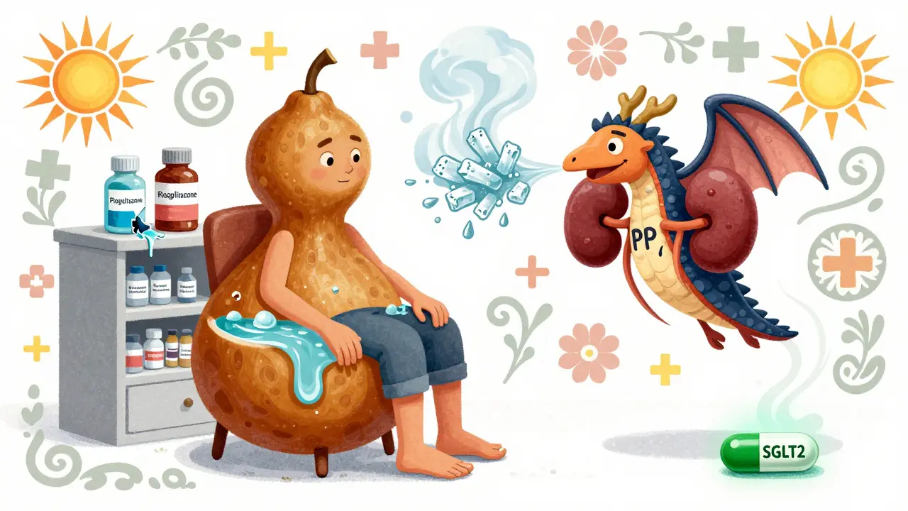 Paziente con gambe gonfie a forma di zucche, guidato da una creatura con reni ali e simboli medicinali.