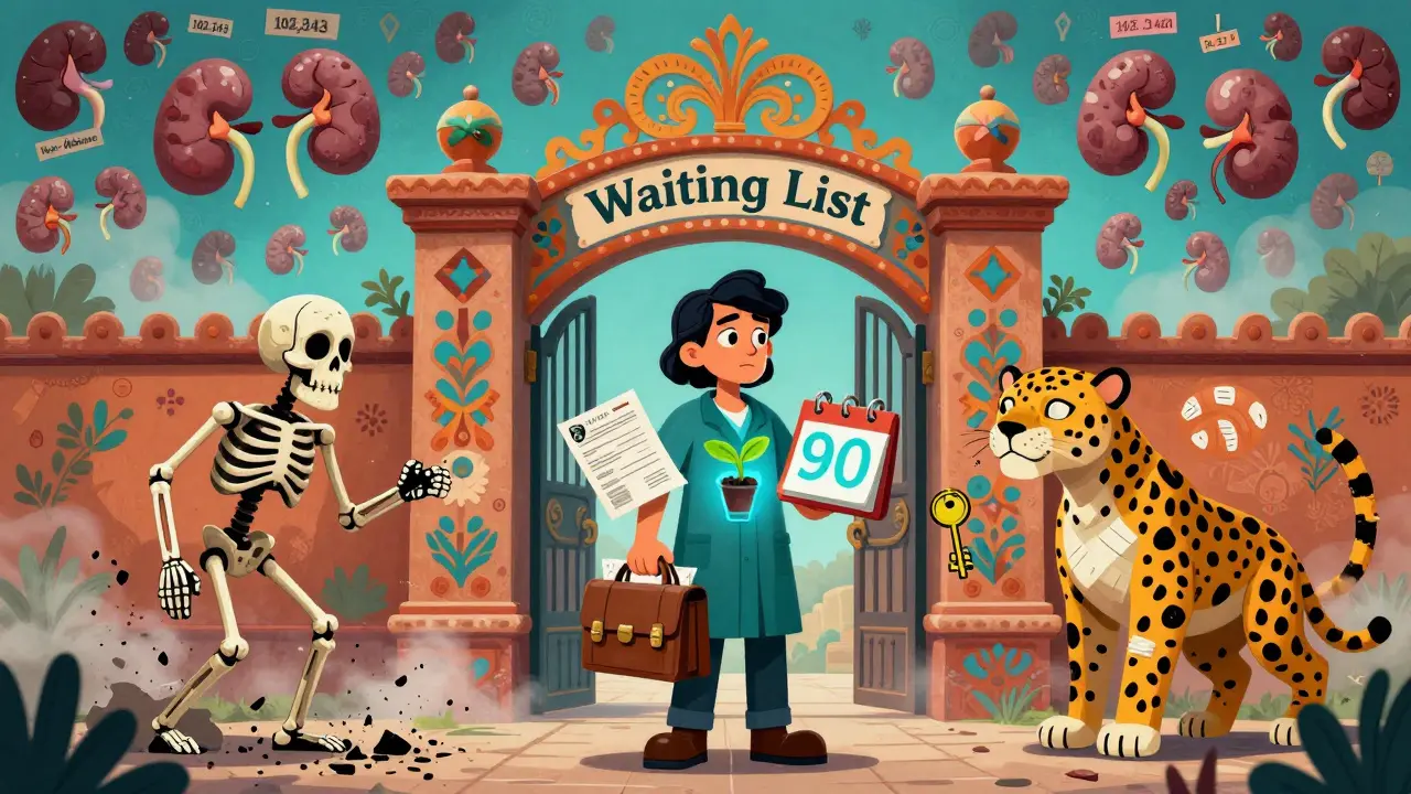 Paziente davanti a un cancello della lista d'attesa, con un rene che cresce dal petto e supporto animale.