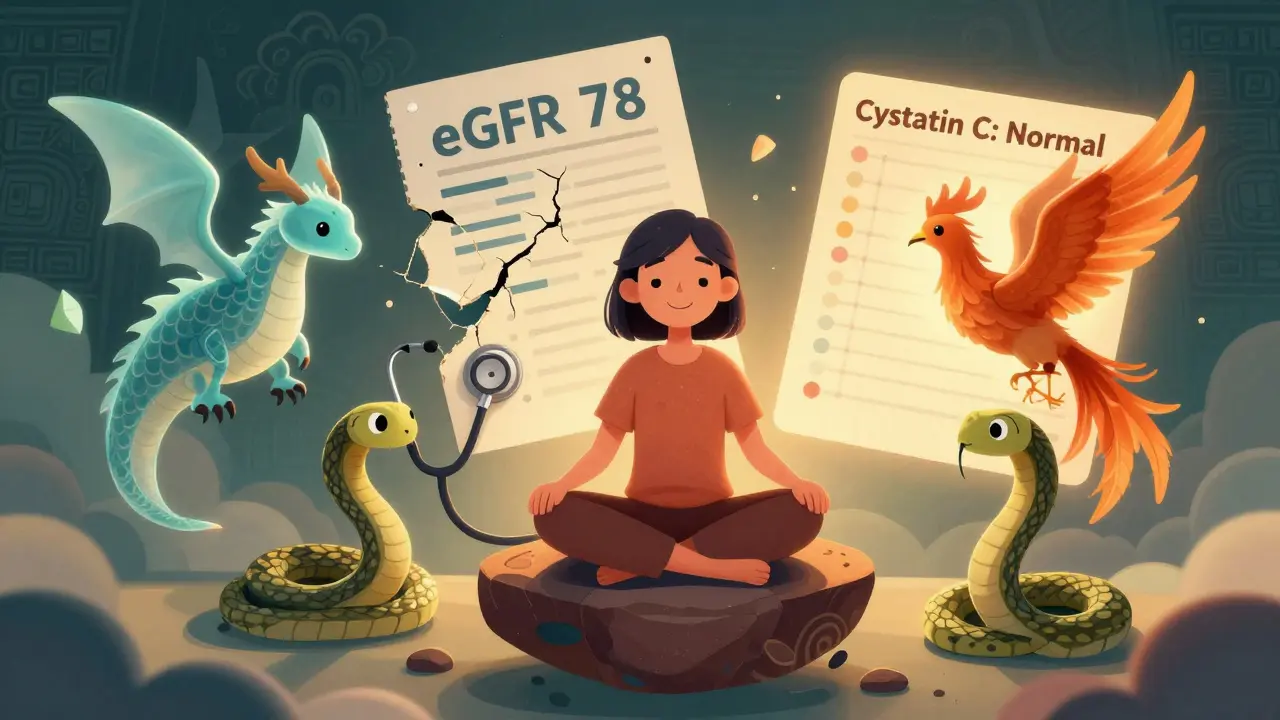 Paziente sereno circondato da animali spiriti che rappresentano test renali accurati, report errato che si dissolve.