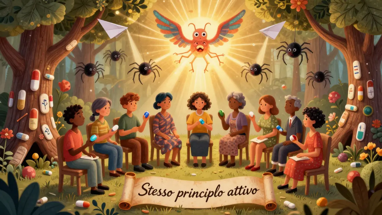 Pazienti riuniti sotto un albero medicale, mentre una creatura luminosa dissolve la paura.