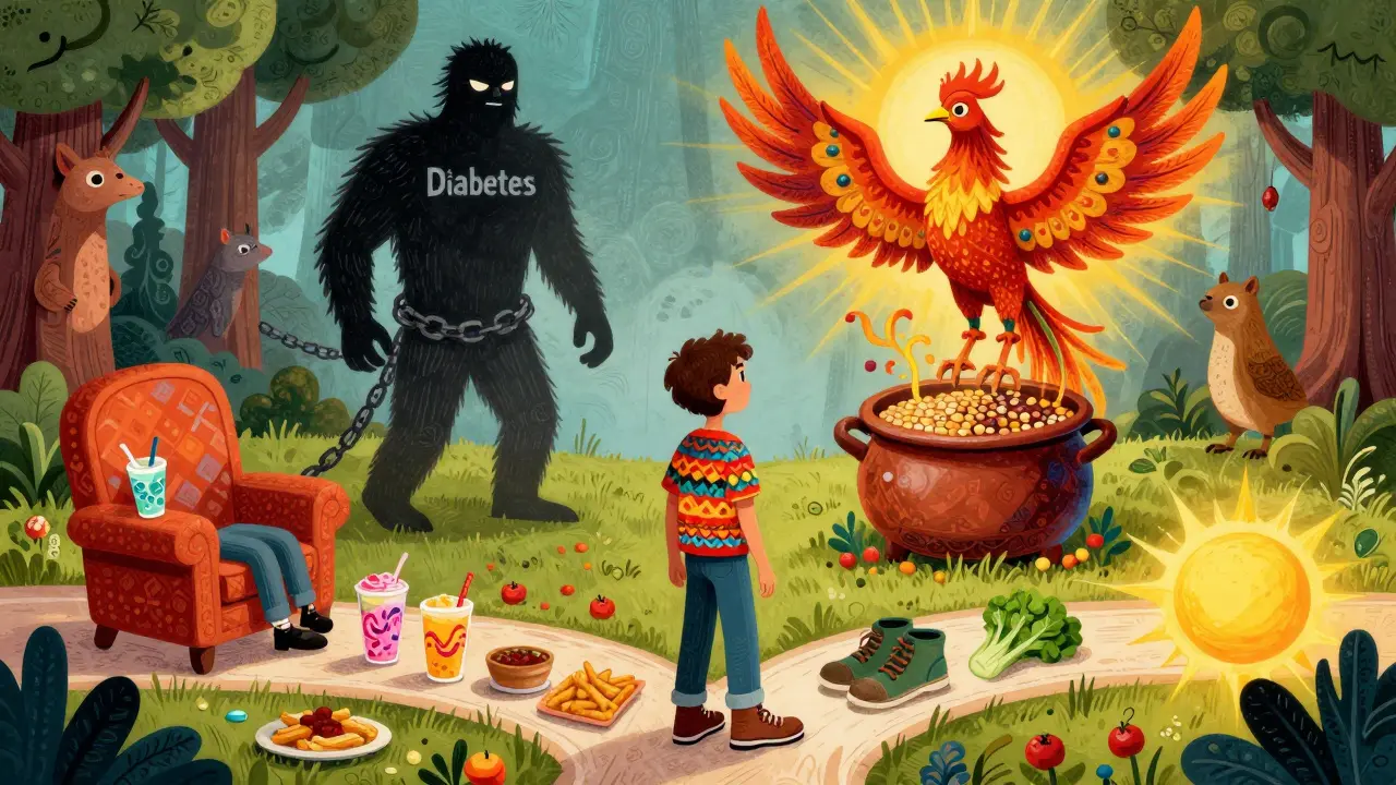 Persona al bivio tra cibi zuccherati e stile di vita sano, con un fenice che emerge dai cibi integrali.