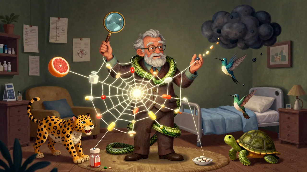 Persona anziana avvolta da una rete di farmaci e cibi pericolosi, con spiriti animaleschi che rappresentano interazioni rischiose.