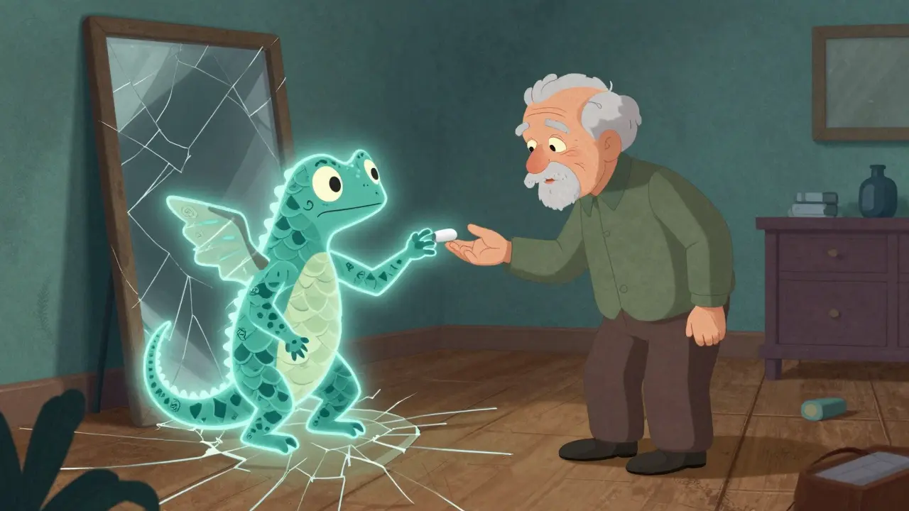 Persona anziana su pavimento instabile, circondata da spiriti alebrije che rappresentano gli effetti collaterali del farmaco.