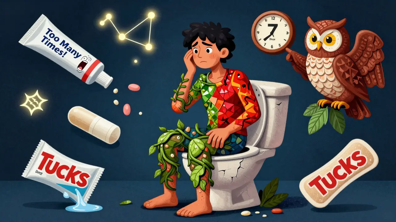 Persona seduta su un water gigante, circondata da rimedi OTC malutilizzati e un gufo saggio che indica il tempo limite di 7 giorni.