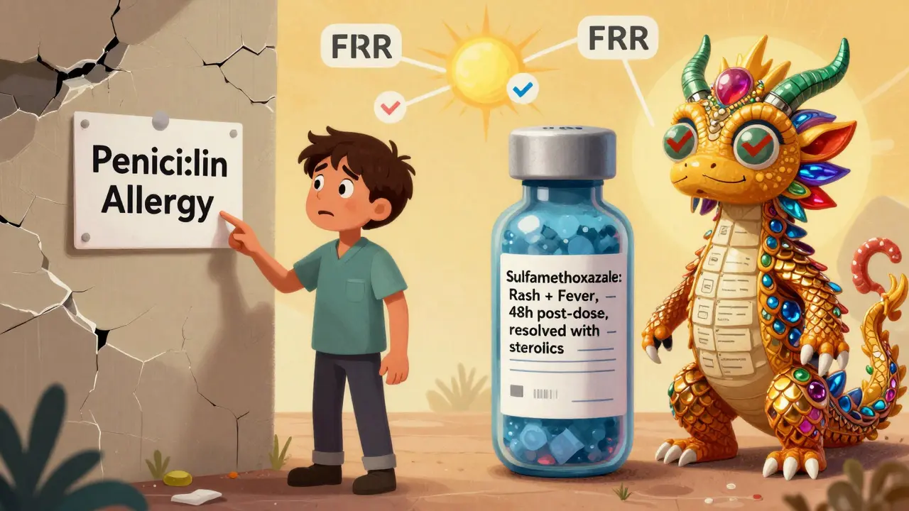 Scena divisa: allergia vaga a sinistra, descrizione precisa a destra, guidata da un alebrije con record medici.