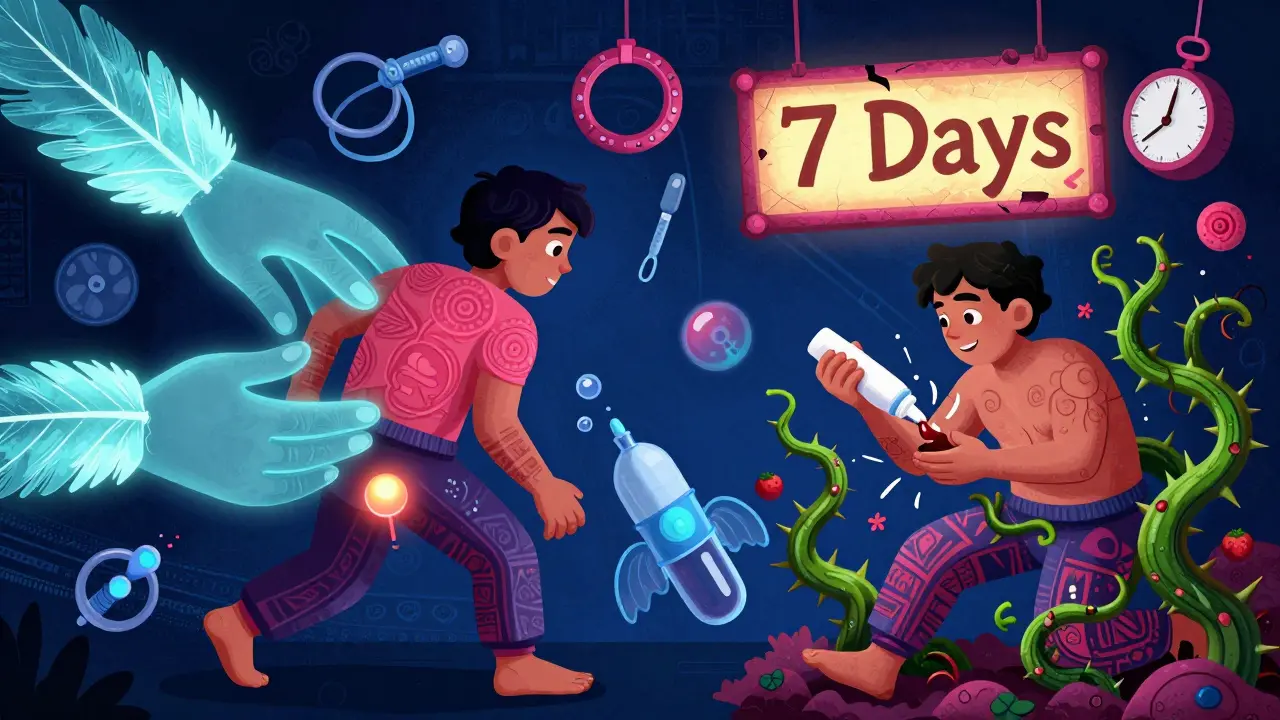 Scena divisa: da un lato intervento medico gentile, dall'altro uso errato dei rimedi con conseguenze simboliche in stile Alebrije.