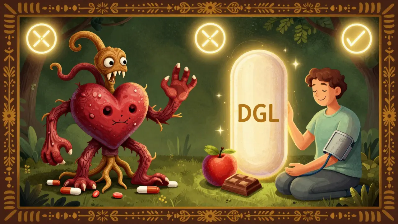 Scena divisa: radice di liquirice distruttiva a sinistra, pastiglia DGL sicura a destra, con frutta e misuratore di pressione.