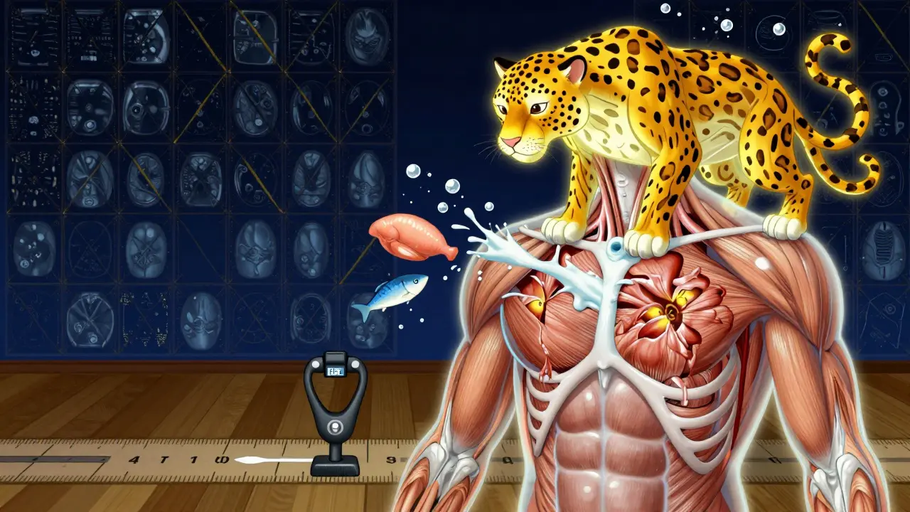 Torace umano trasparente con muscoli atrofizzati, rianimati da una creatura alebrije che rilascia proteine e ossigeno.