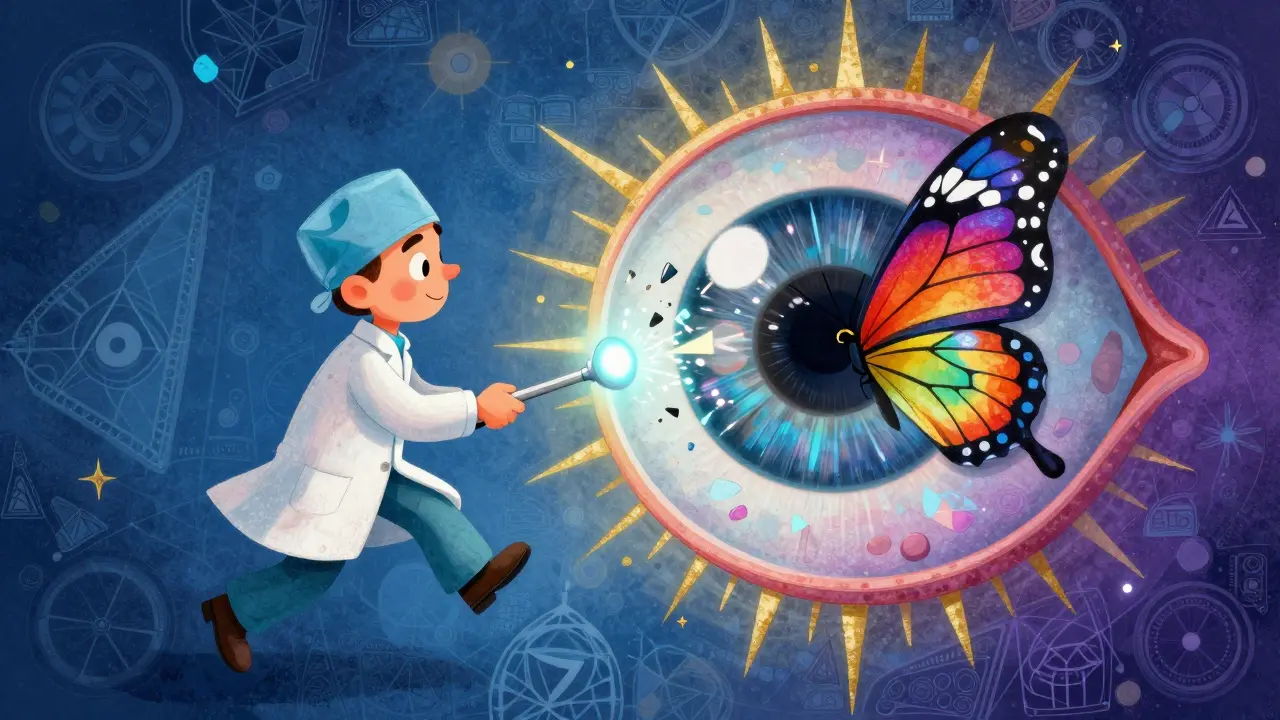 Un chirurgo su una bacchetta a ultrasuoni frantuma un cristallino opaco mentre una lente artificiale si espande come una farfalla.