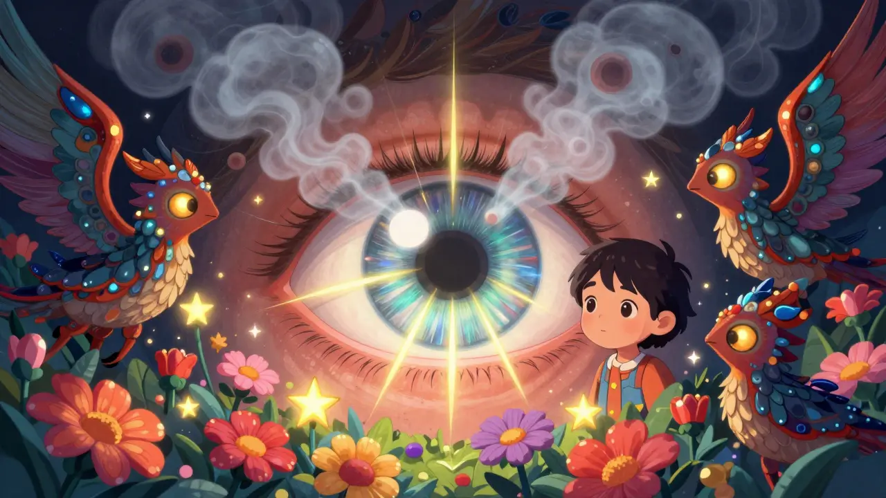 Un occhio sano irradia colori vividi mentre le nuvole del cataratto svaniscono, protetto da creature alebrijes.