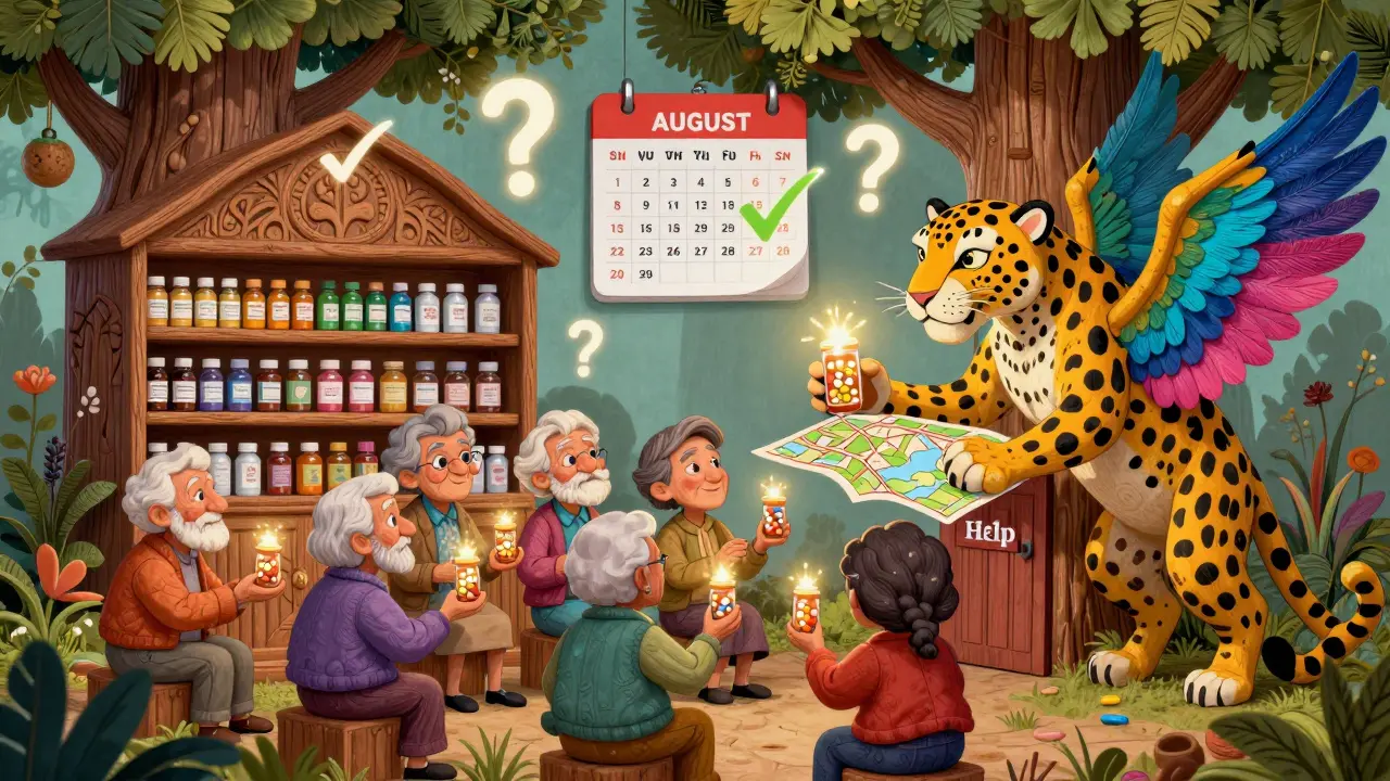 Una comunità di anziani che si aiutano sotto un albero-farmacia guidati da un alebrije alato.