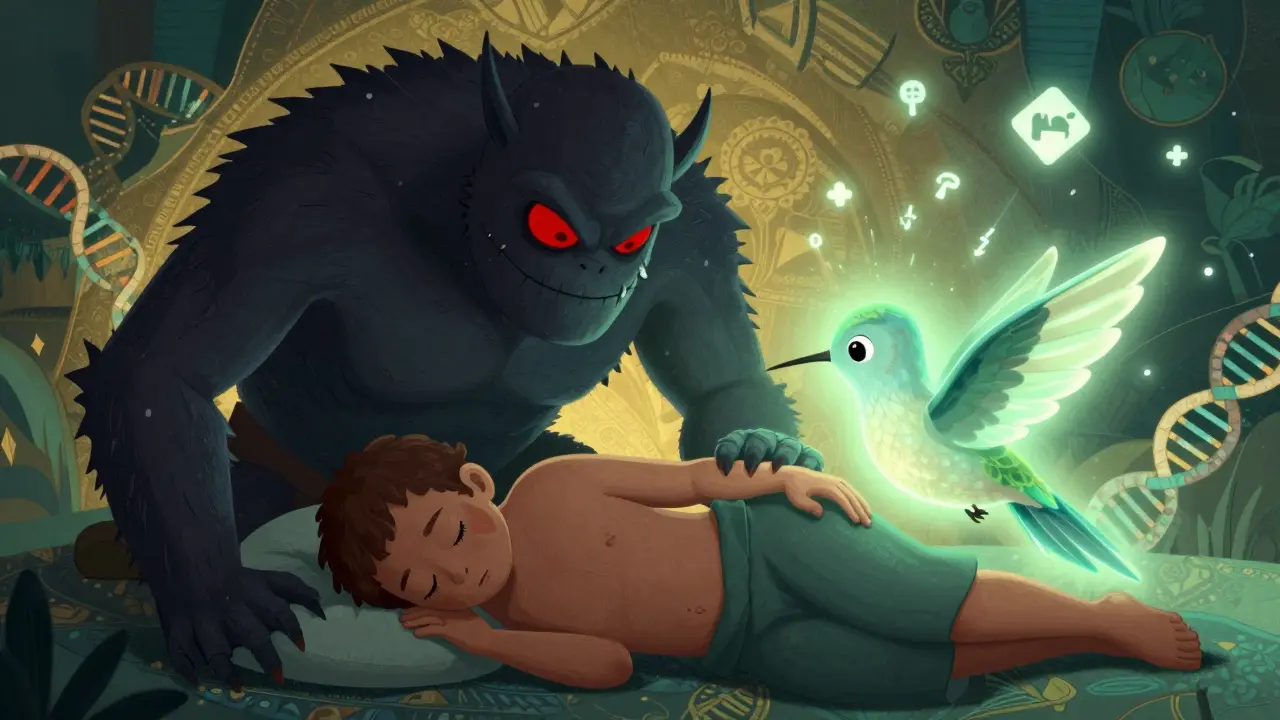 Uno spirito ummingbird di fluvastatina calma il dolore muscolare di un paziente in stile alebrije.