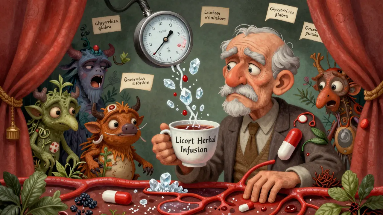 Uomo che beve tè al liquirice mentre il suo corpo mostra pressione alta e vasi sanguigni che crollano, circondato da etichette pericolose.