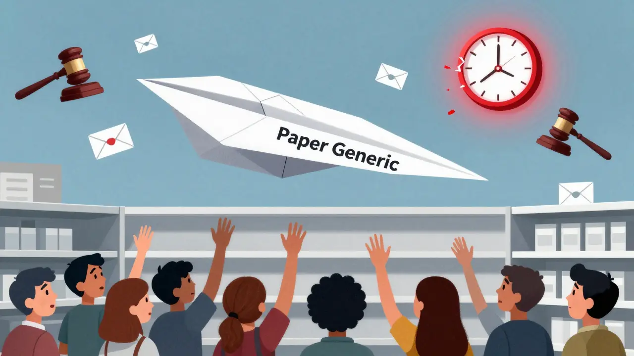 Aereo di carta bloccato sopra una scaffalatura vuota, pazienti che raggiungono in alto mentre l'orologio non si muove.