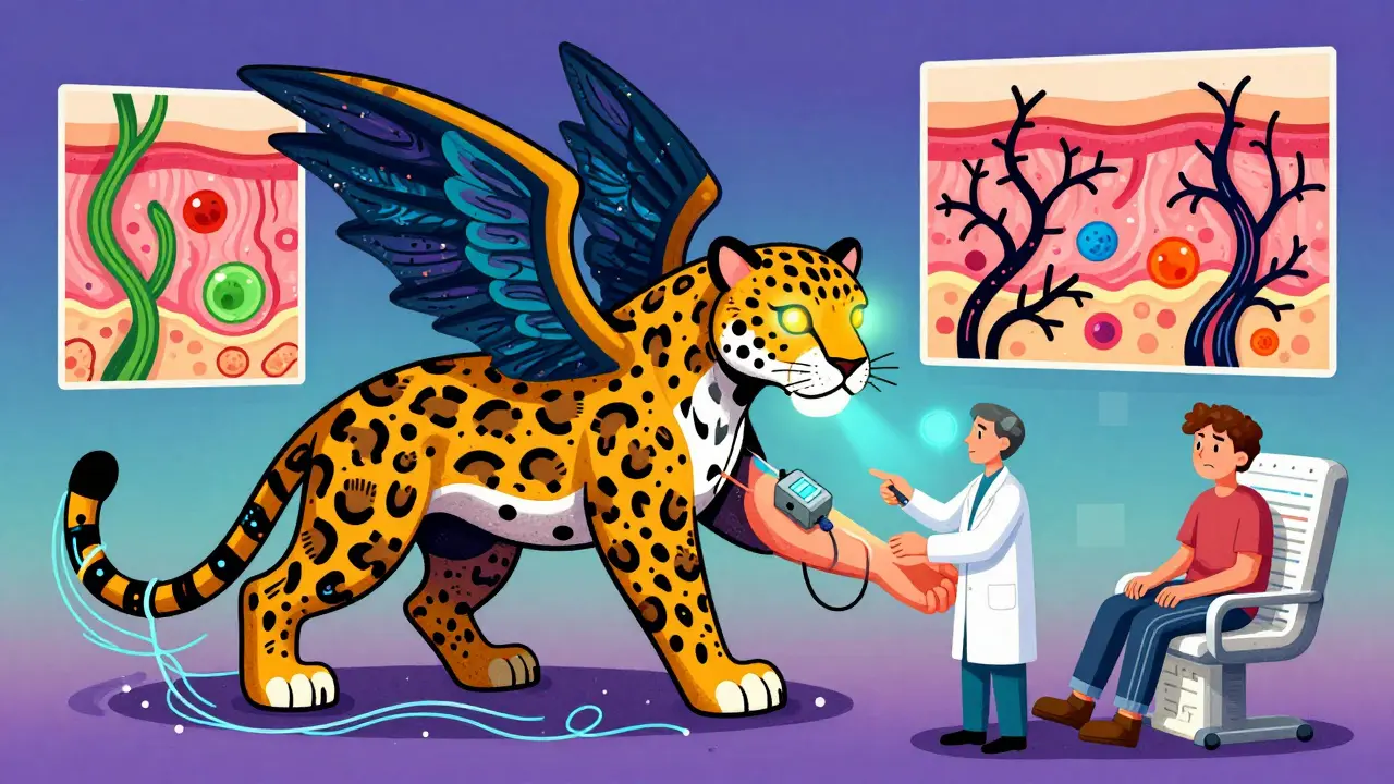 Dispositivo medico a forma di giaguaro alato che scansiona la pelle con raggi infrarossi, circondato da tessuti sani e cancerosi.