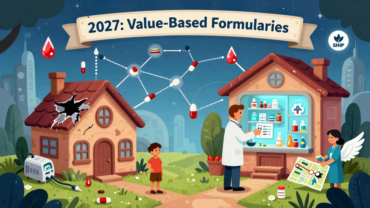Due percorsi paralleli: uno con la salute in pericolo, l'altro con supporto e alternative, in stile Alebrije artistico.