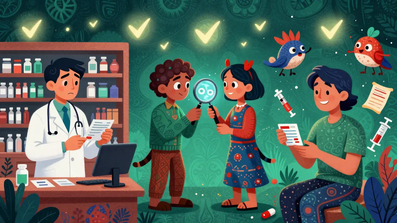 Due persone verificano insieme un farmaco con una lente magica, mentre un paziente riceve la medicina corretta.