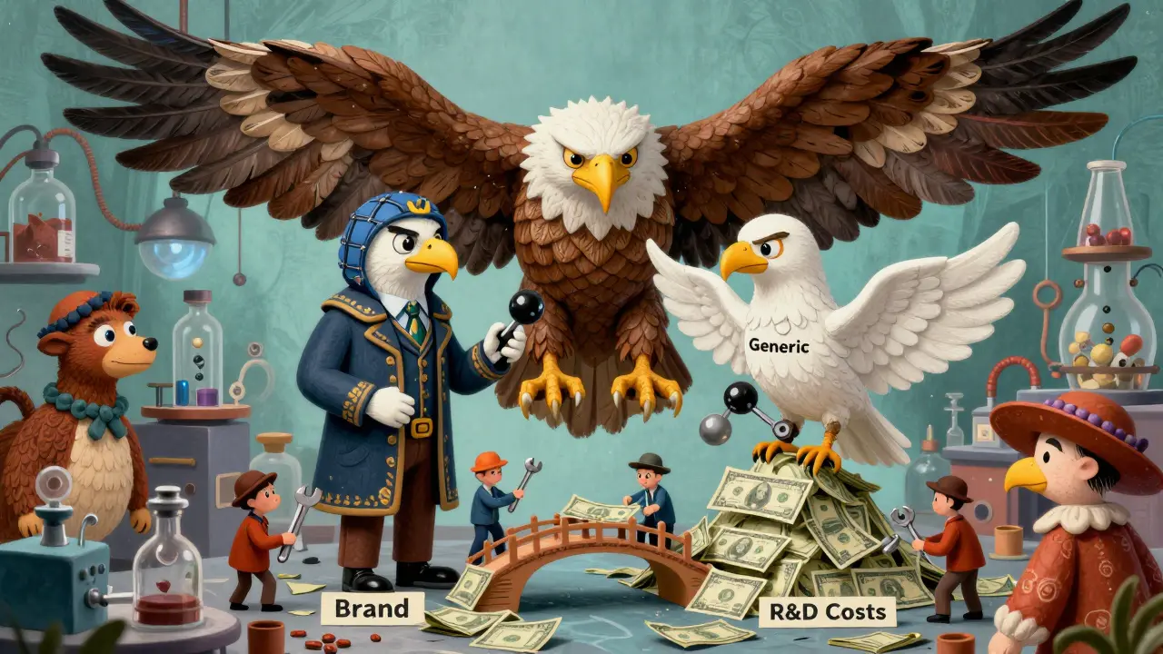 Eagle della FDA che ispeziona molecole identiche in stile Alebrije, con costi di ricerca che si trasformano in risparmi.